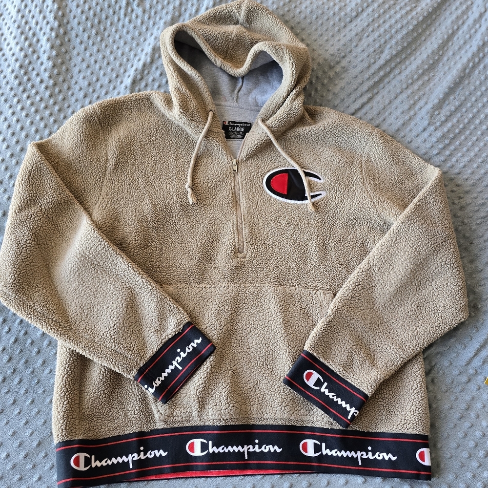 Champion Big C Khaki/Tan Sherpa Teddy 1/4 Zip Pullover Sz XL